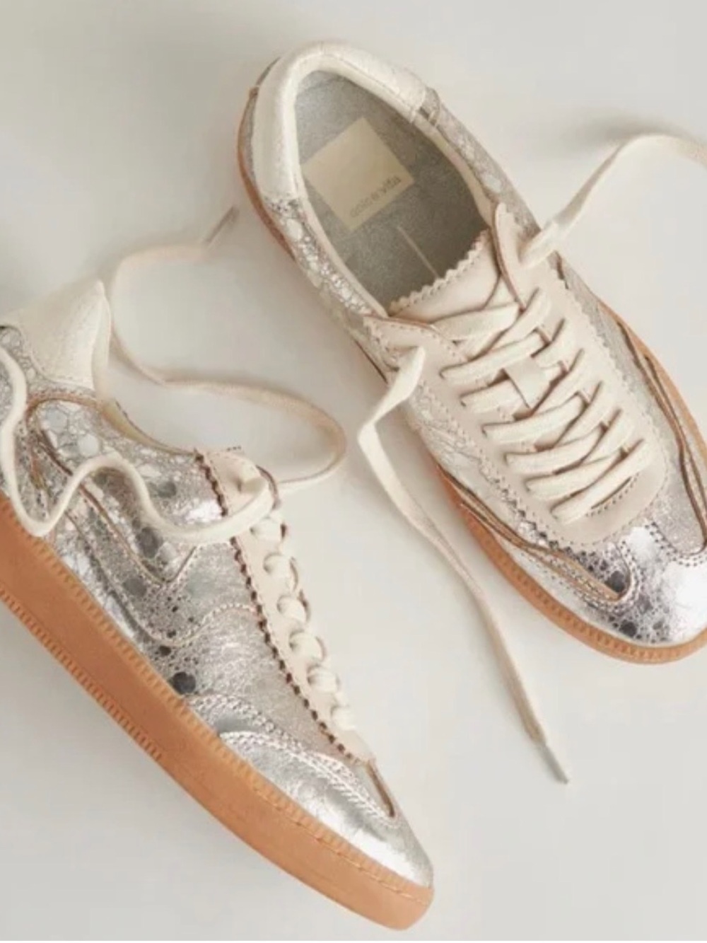 Dolce Vita Metallic Silver and Tan Leather Lace-Up Sneakers
